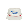 Vintage-inspired unisex baseball hat with script embroidery available in white, blue, and red polyester