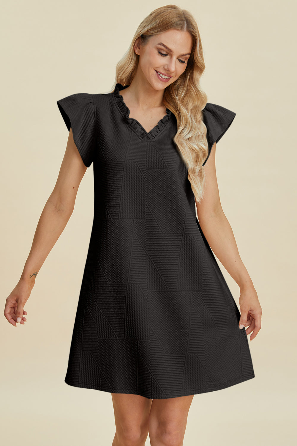 Ruffled V-Neck Cap Sleeve Dress in Elegant Style