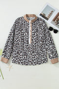 Plus Size Leopard Contrast Trim Half Button Top