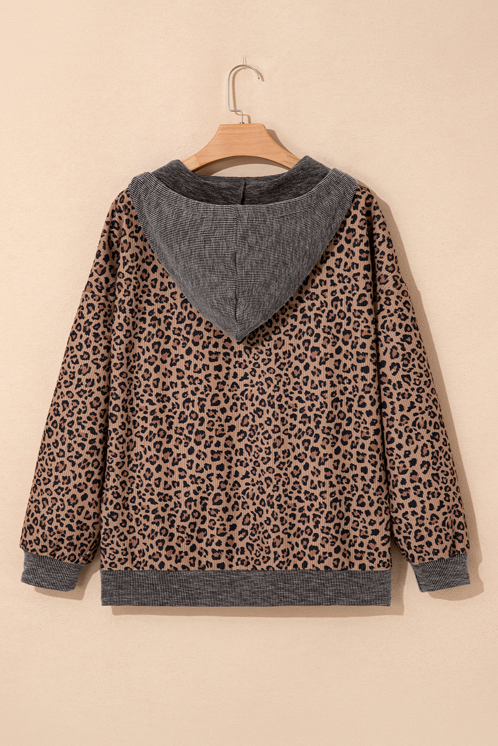 Leopard Ribbed Knit Contrast Half-Zip Hoodie