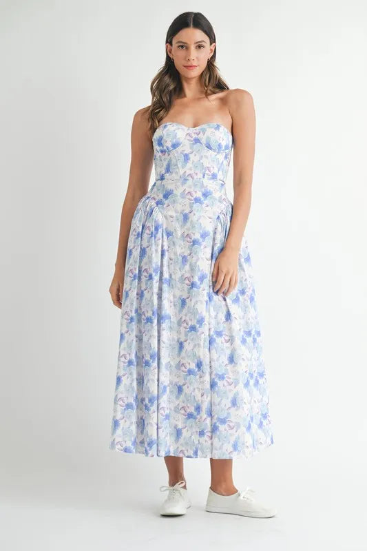 Sweetheart Neckline Floral Midi Dress in White and Blue