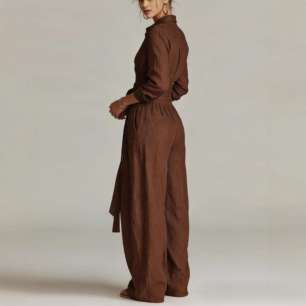 Women's Collared Long Sleeve Shirt and High-Waist Wide Leg Set - Image 5