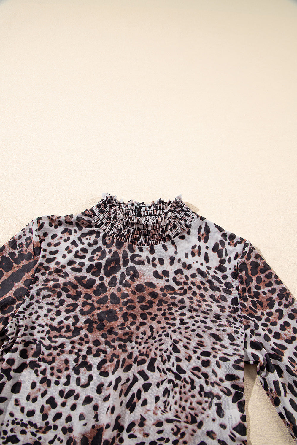 Leopard Mesh Smocked Neck Long Sleeve Bodysuit