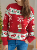 Woman wearing a festive red Christmas sweater featuring snowflakes and tree patterns with a round neck