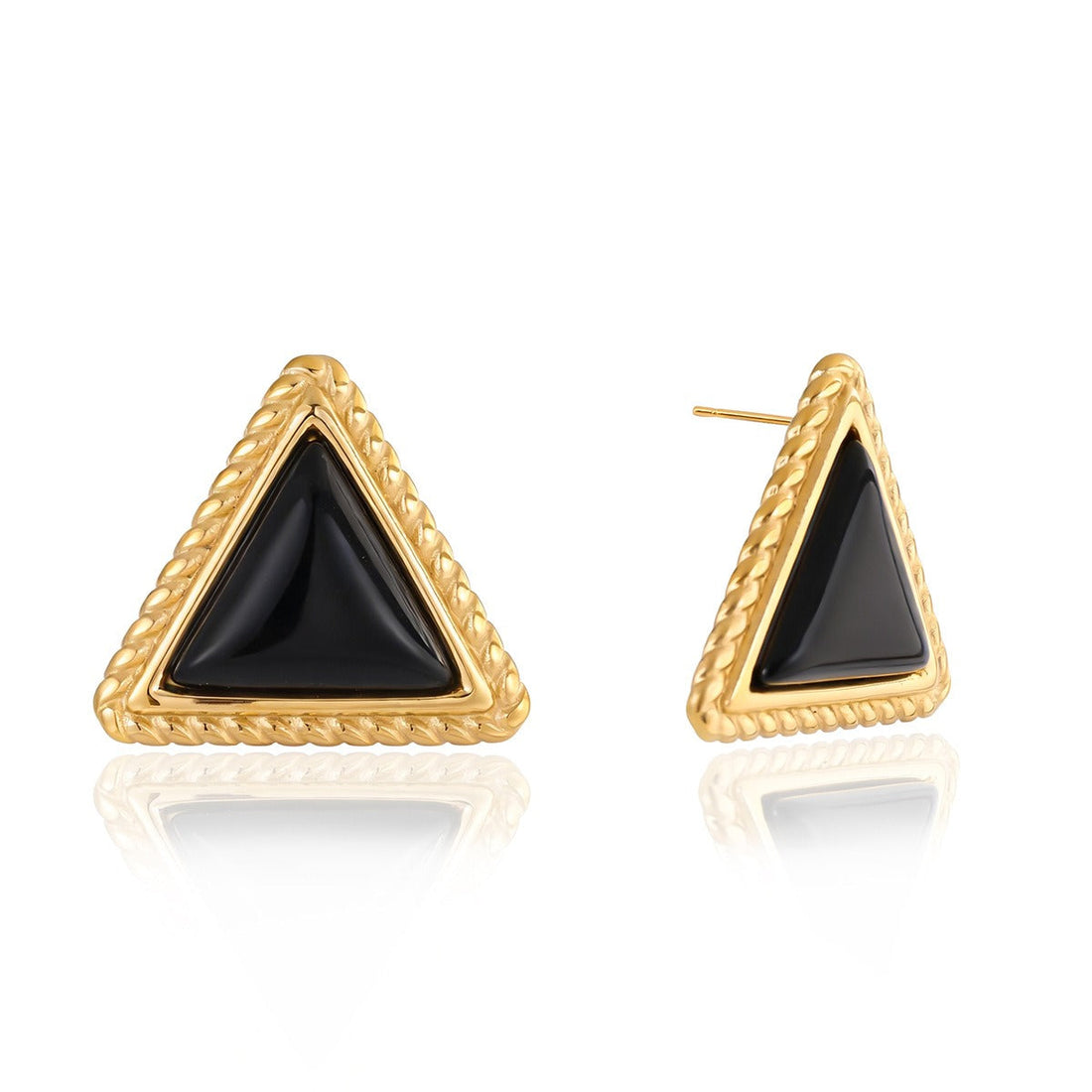Geometric 18K gold triangle earrings inlaid with black onyx.