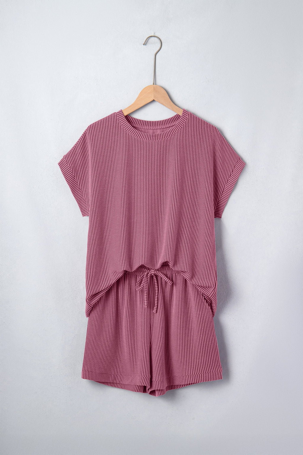 Solid Corded Knit Tee & Drawstring Short Loungewear Set