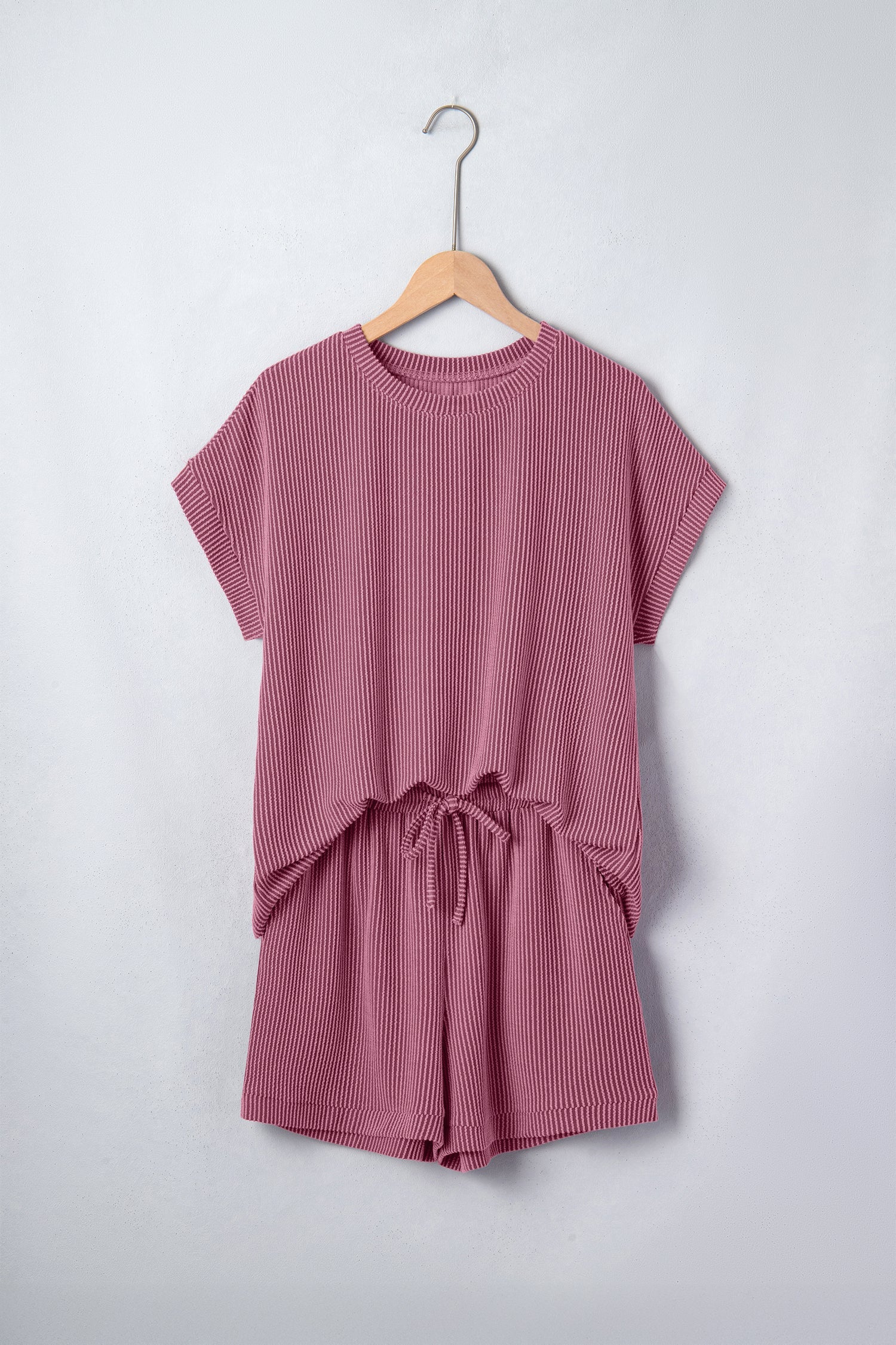 Solid Corded Knit Tee & Drawstring Short Loungewear Set