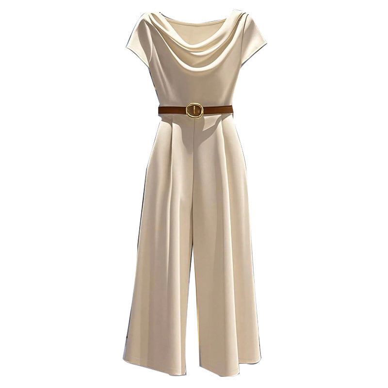 Elegant Satin Wide-Leg Jumpsuit with Cowl Neck in Apricot