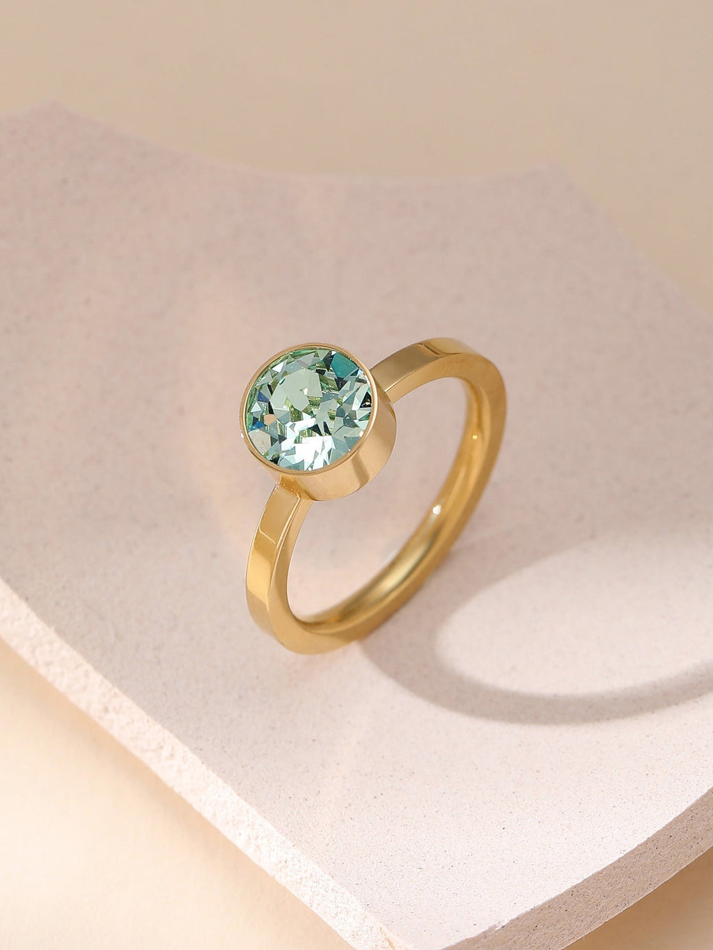 Minimalist Gold-Plated Ring with Mint Green Crystal, Modern Chic