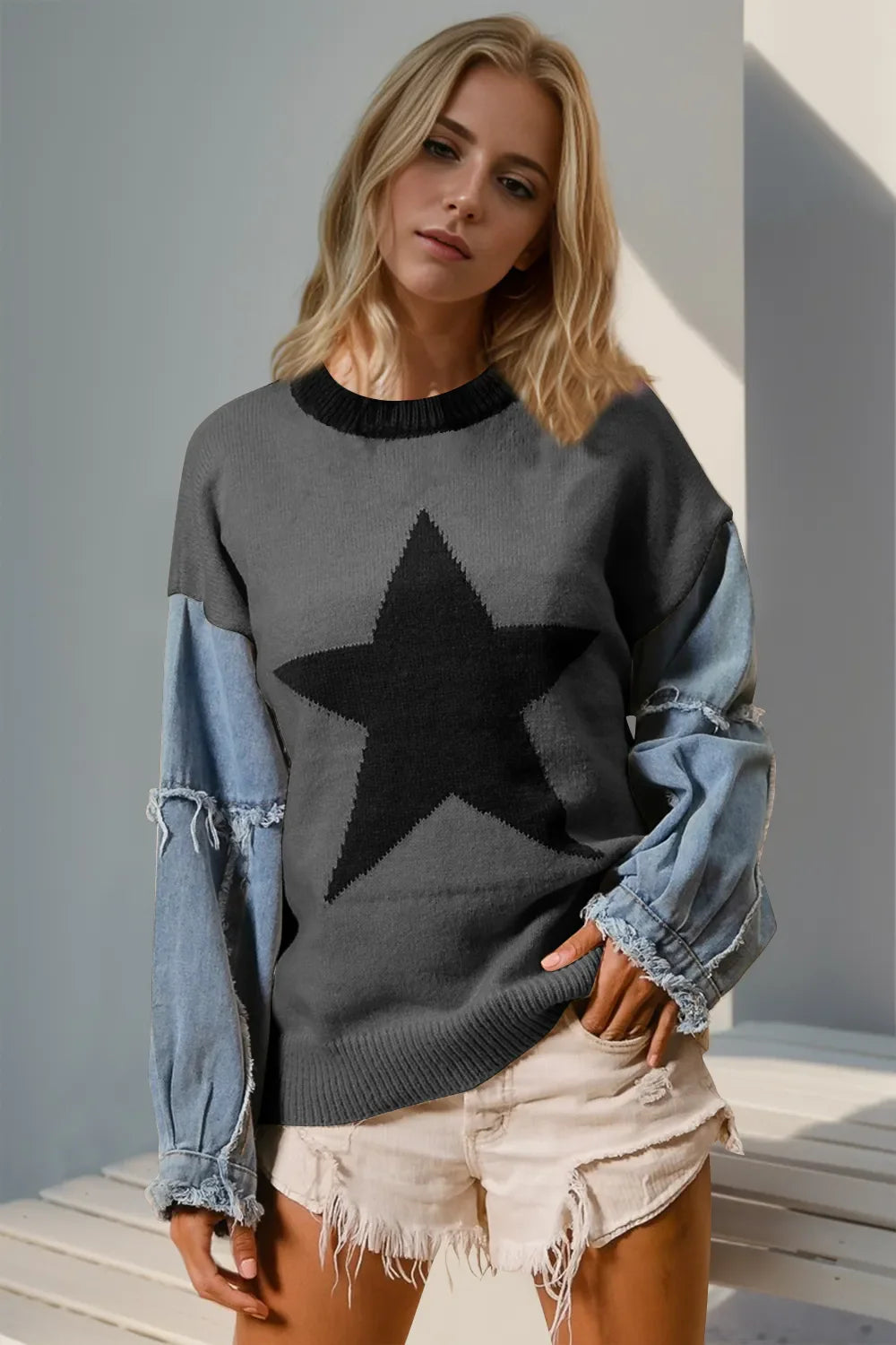 Mixed-Media Star-Pattern Long Sleeve Sweater in Dark Gray, White & Blush Pink