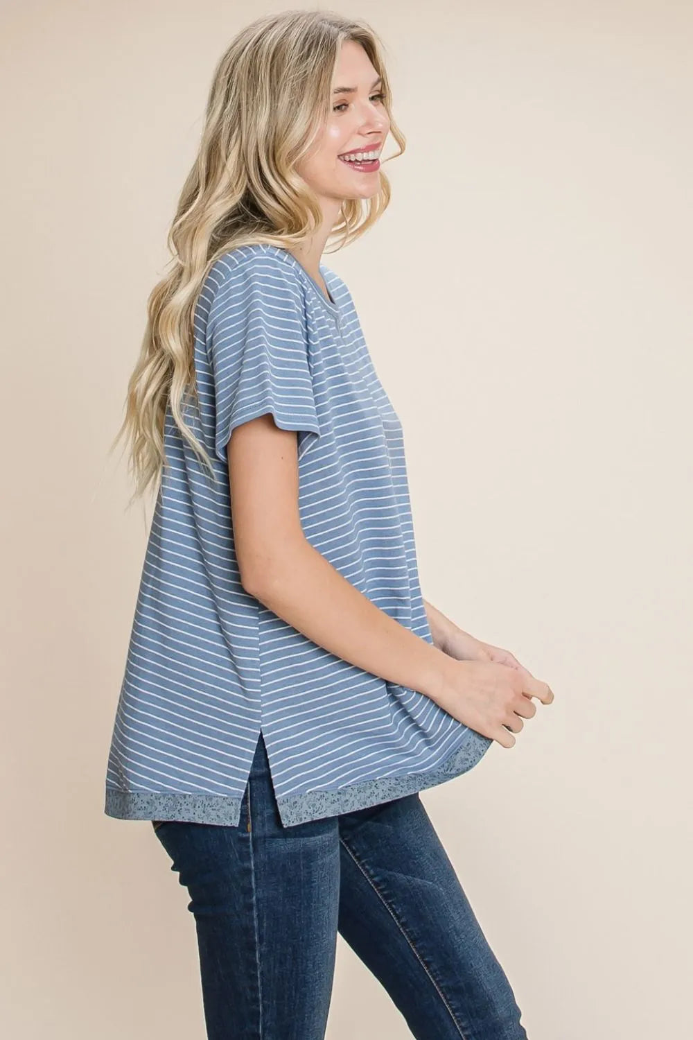 Cotton Bleu Slit Striped Notched Short Sleeve T-Shirt