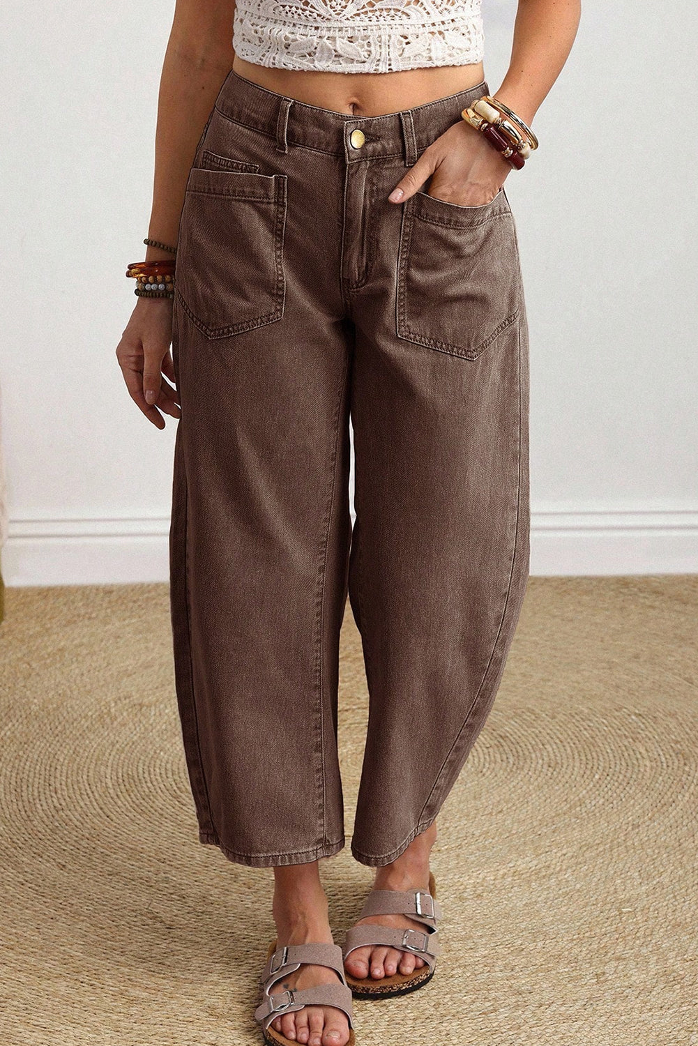 Rhea Mid-Rise Barrel Jeans in Brown - Relaxed Ankle Length Denim