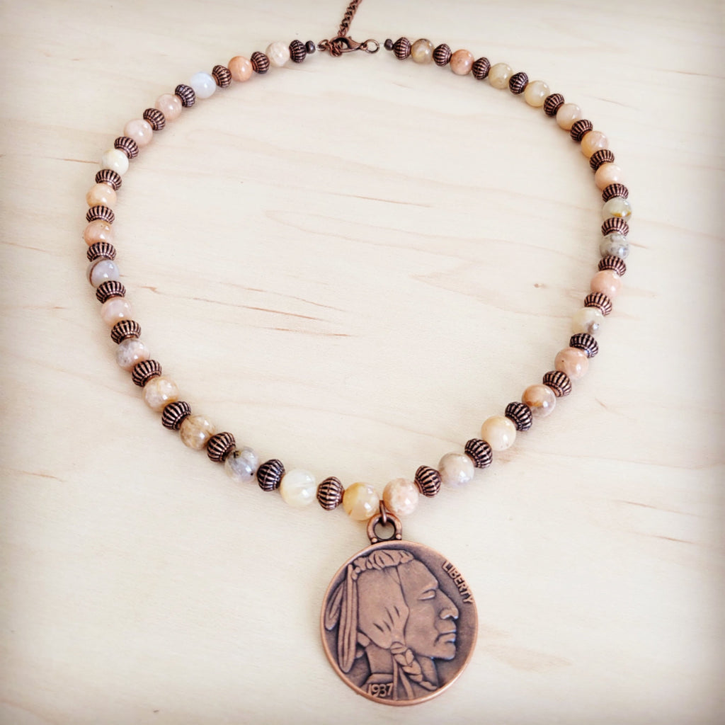 Natural Agate Beaded Necklace with Copper-Tone Indian Head Pendant - Image 6