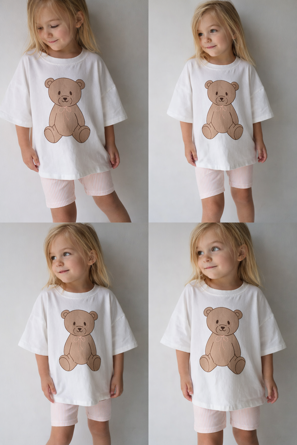 Toddler Girls Teddy Bear Graphic Tee and Striped Short Set - Image 2