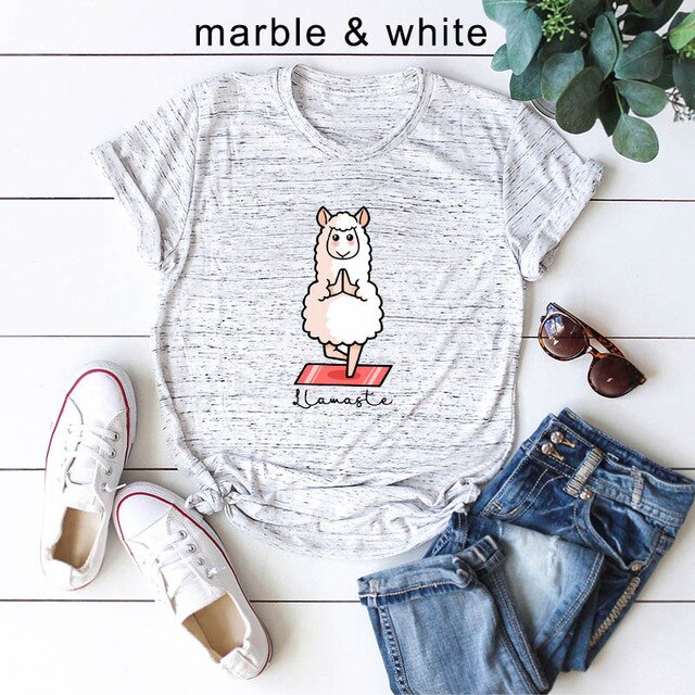 Women's Cotton Graphic T-Shirt - 'Llamaste' Sheep Print Tee - Image 7
