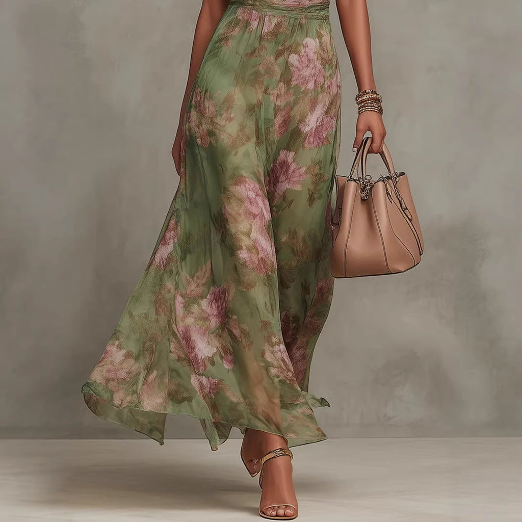 Green Graffiti Print Mesh Suspender Maxi Dress Streetwear