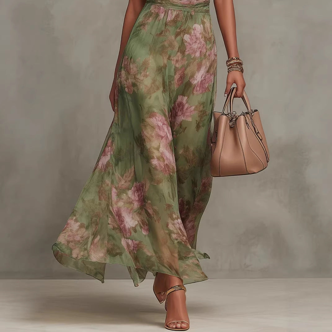 Green Graffiti Print Mesh Suspender Maxi Dress Streetwear