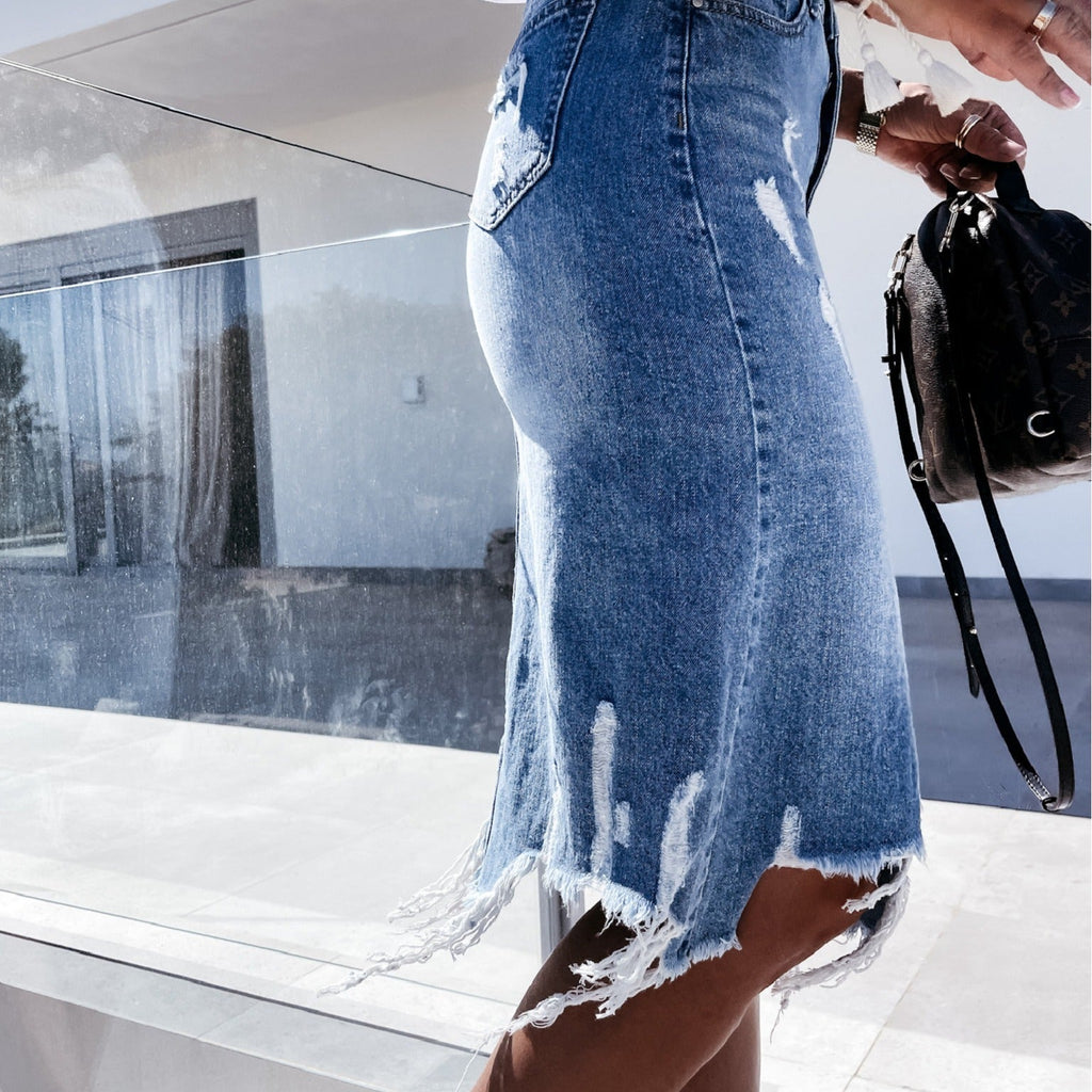 Women's Ripped Denim Midi Skirt with Distressed Tassel Hem - Image 3