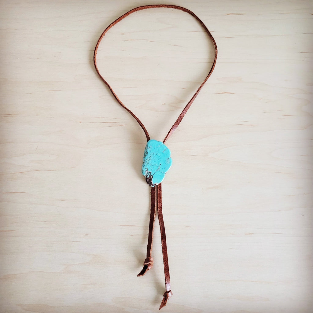 Leather Lariat Boho Necklace w/ Turquoise Slab Accent 263t