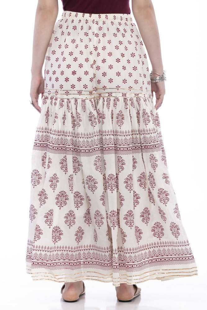 Cotton Block Print Palazzo Pants with Lace Work in Magenta