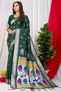 Deep bottle green Paithani silk saree with intricate gold zari woven motifs and border