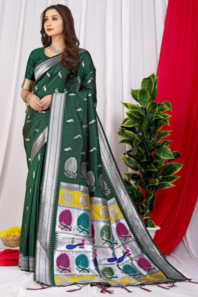 Deep bottle green Paithani silk saree with intricate gold zari woven motifs and border