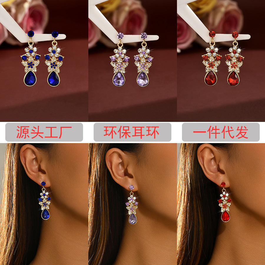 Womens French Palace Style Floral Rhinestone Teardrop Pendant Drop Earrings,Costume Earrings For Daily Banquet Party Wear