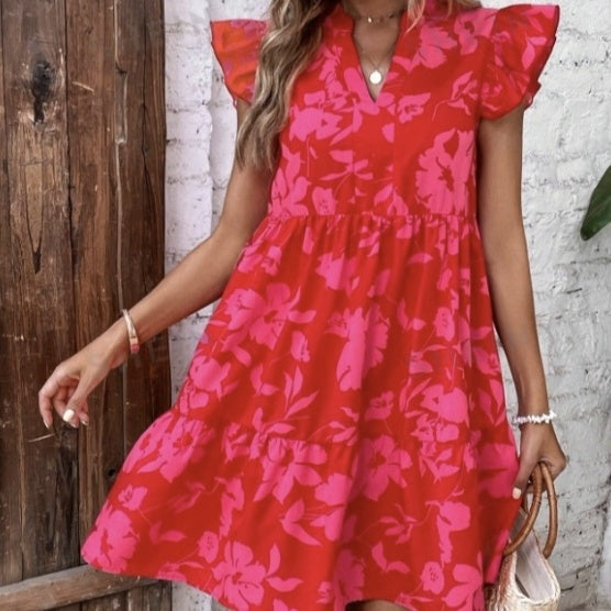 Women’s Floral A-Line Mini Vacation Dress in Red and Pink - Image 3