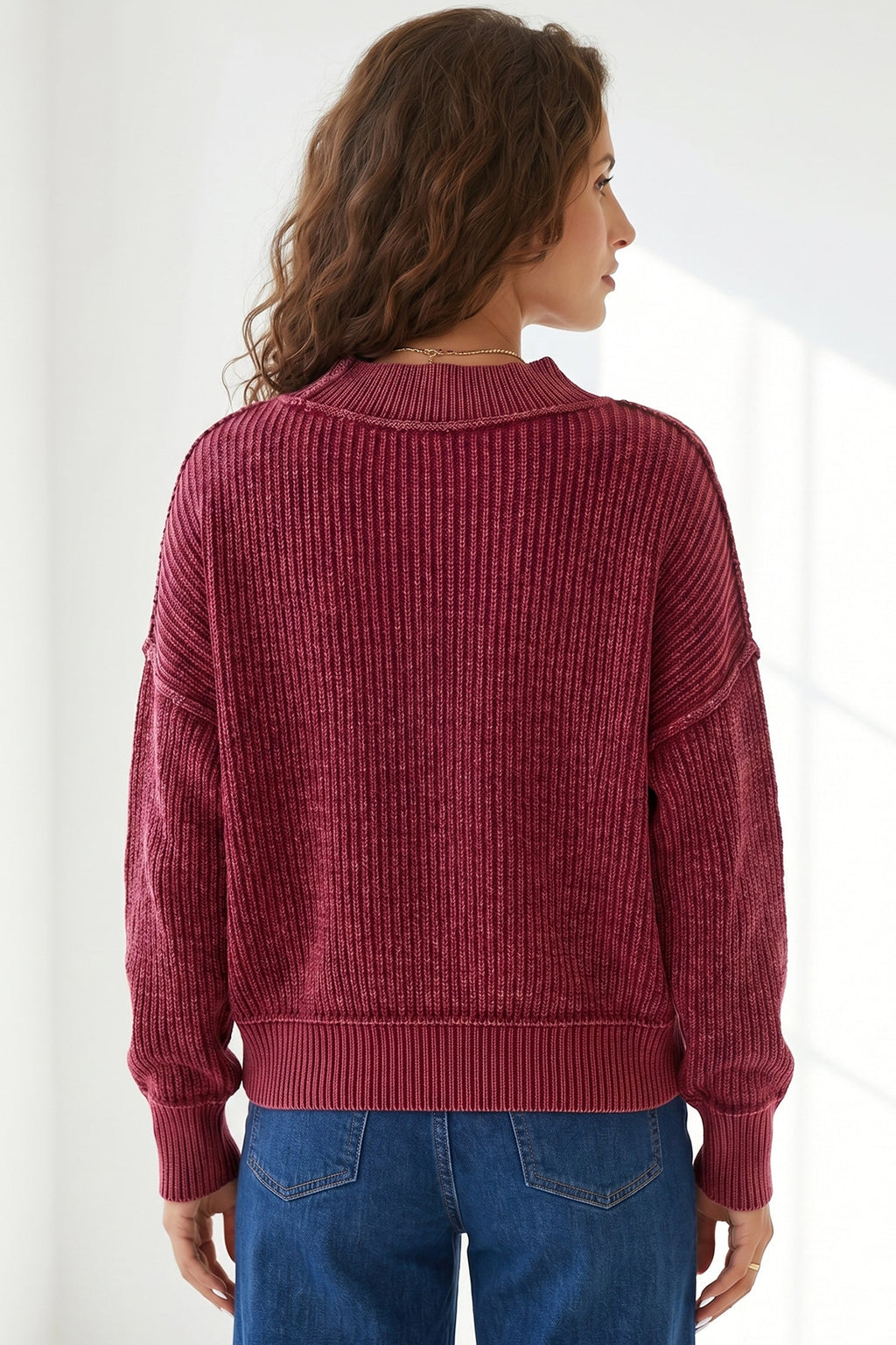 Red Dahlia Drop Shoulder High Neck Ribbed Sweater