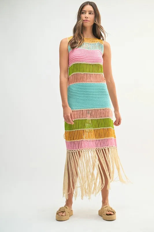 Multi Color Fringed Crochet Knit Mini Dress