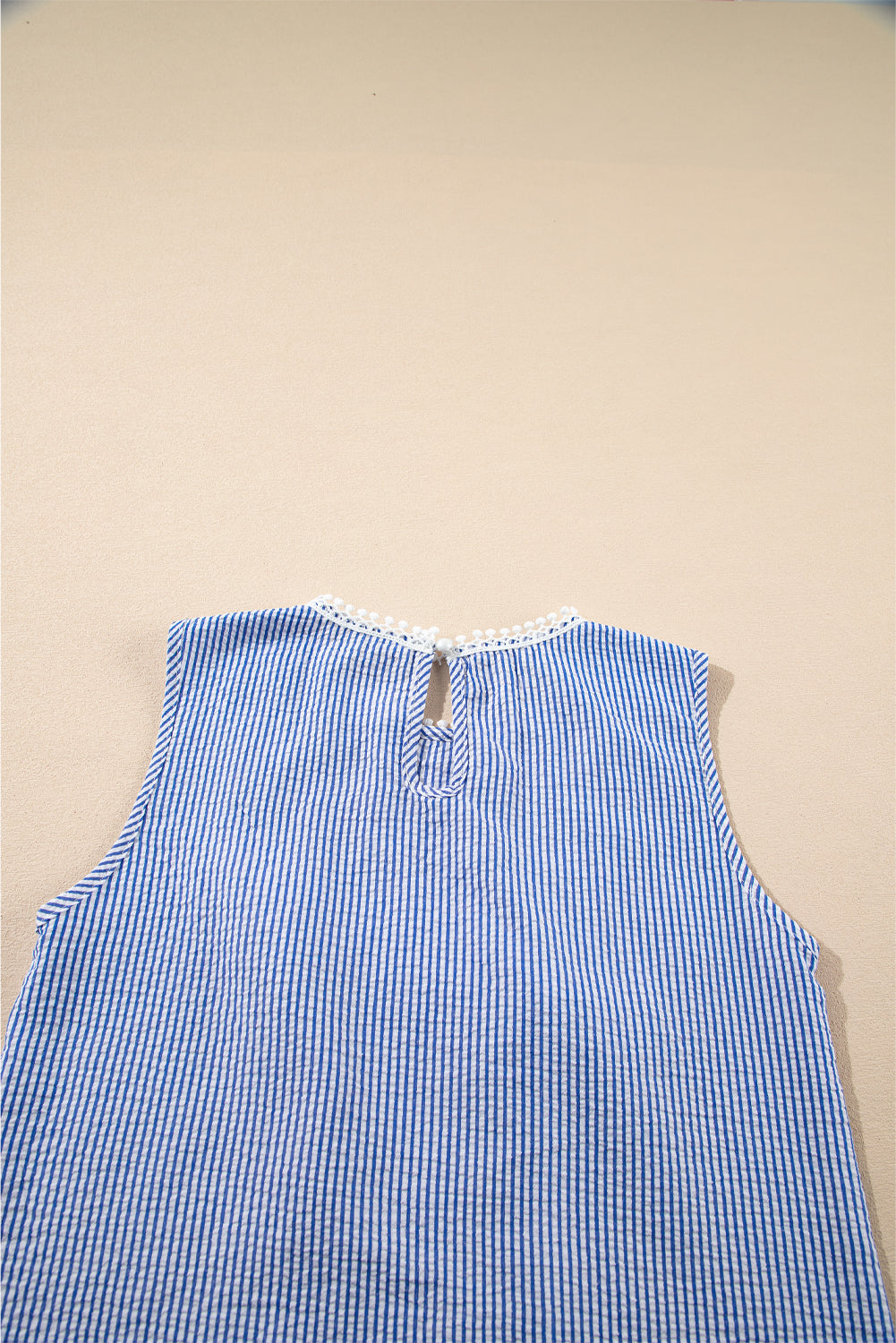 Sky Blue Stripe Lace Patchwork Crew Neck Tank Top