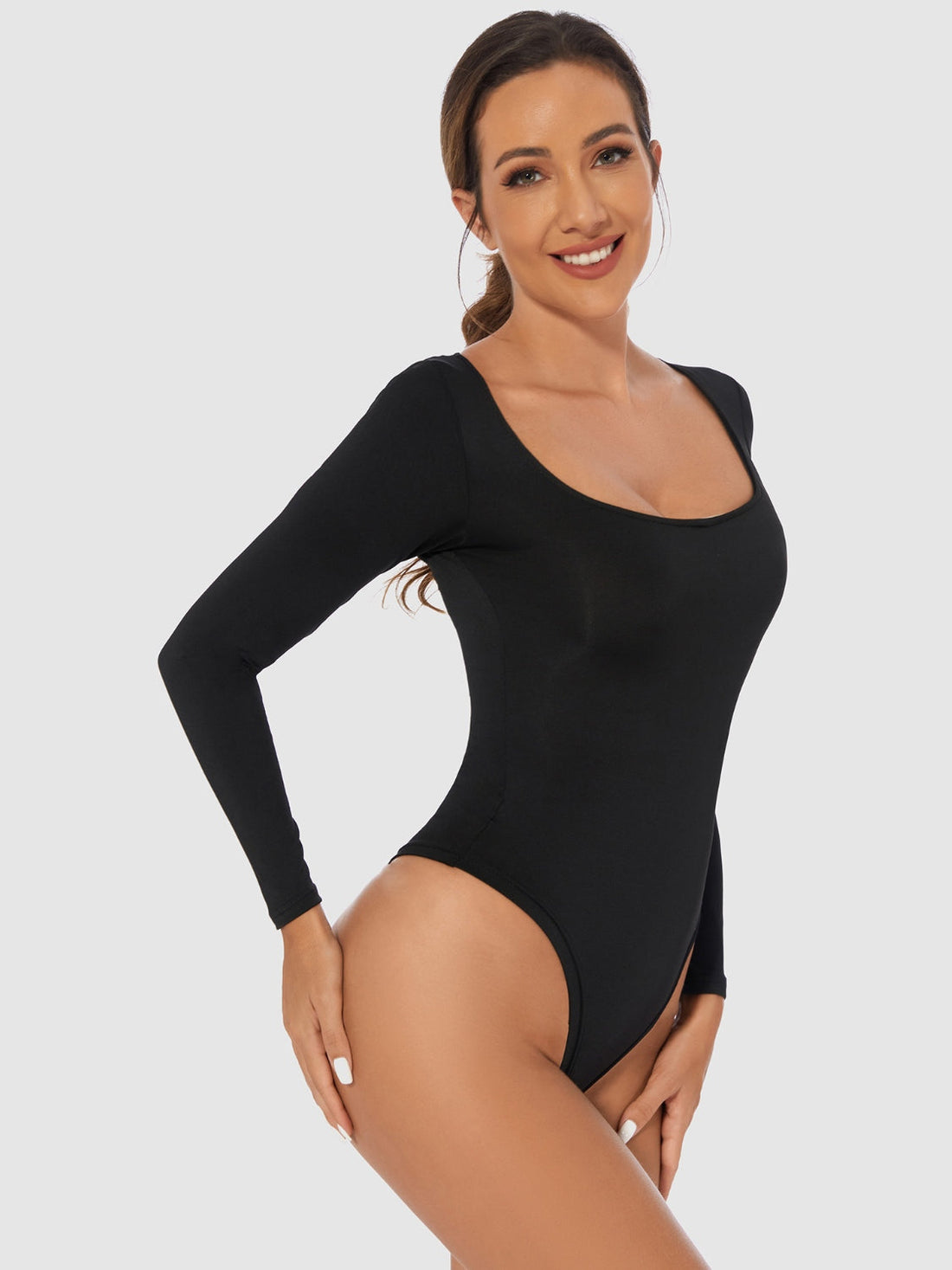 Women's White Long Sleeve Scoop Neck Basic Bodysuit - Image 5