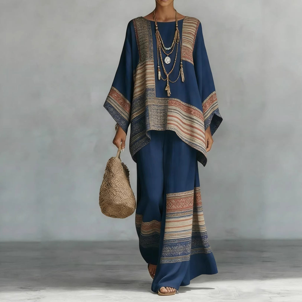 Women's Bohemian Printed Long Sleeve Top and Wide Leg Pant Set