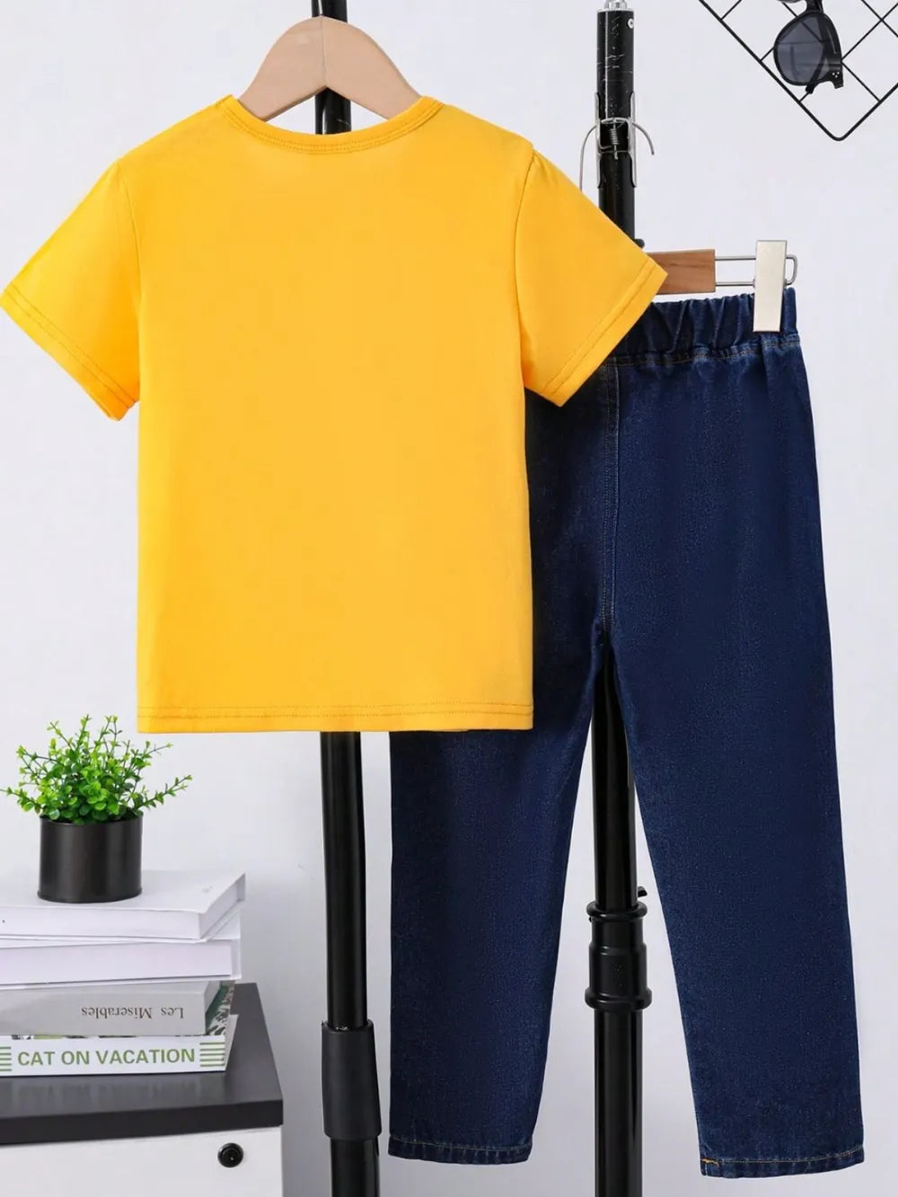 Children's Round Neck Letter Graphic T-Shirt and Distressed Jeans Set