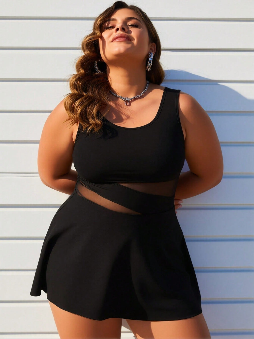 Black Swimdress with Mesh Cutout Waist and Flared Skirt
