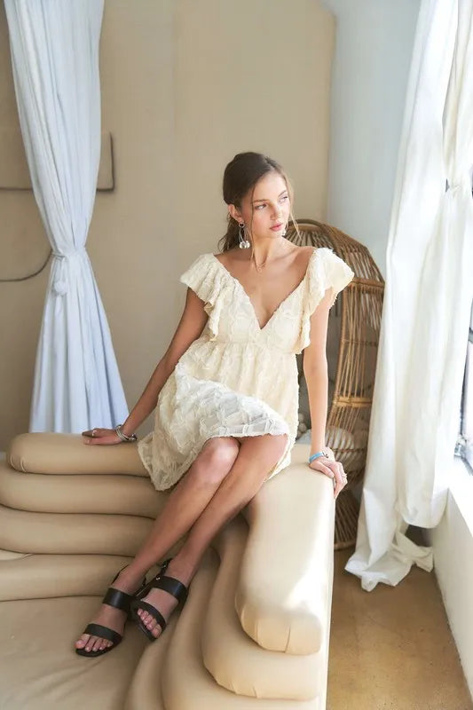 Cream Tie Back V-Neck Ruffle Sleeve Summer Dress