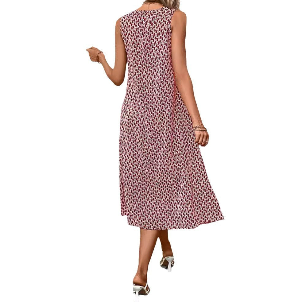 Geometric Print Sleeveless Midi Dress, Relaxed Fit Shift Dress