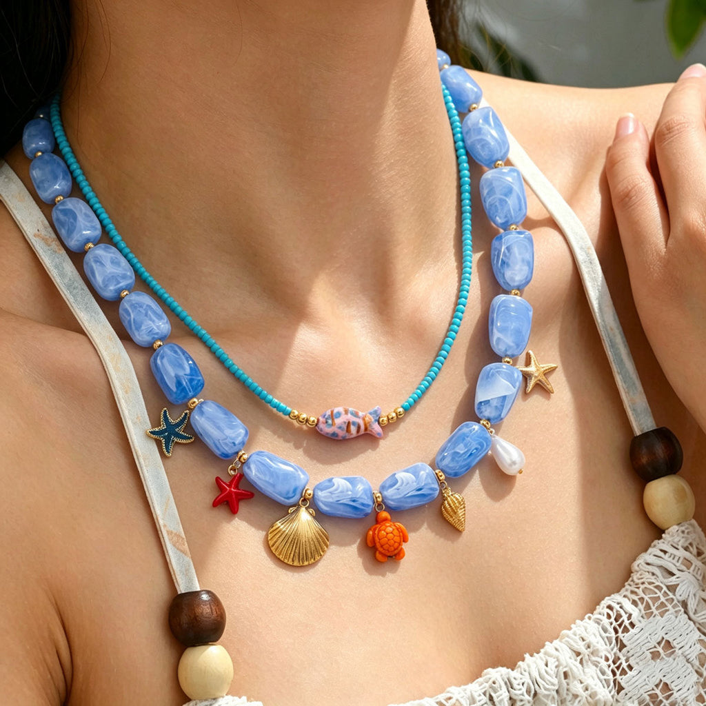 Women 2 Layer Boho Ocean Beaded Necklace, Blue Marbled Acrylic Starfish Turtle Shell Fish Charms Gold Plated Adjustable Summer Beach Vacation Jewelry Gift