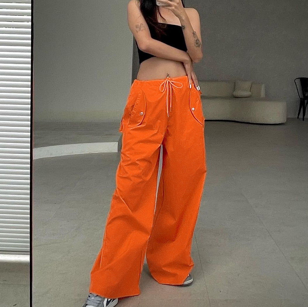 Women's High-Waist Straight-Leg Cargo Pants with Lace-Up Details