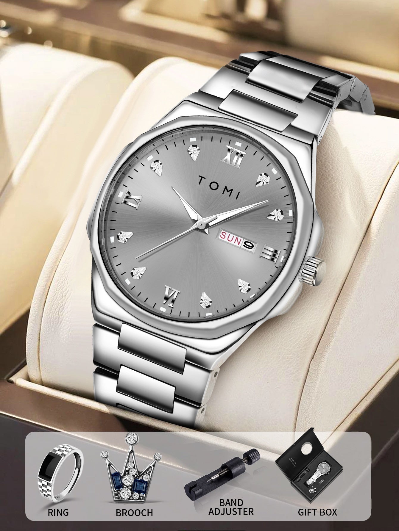 Simple Diamond Encrusted Quartz Watch with Stainless Steel Strap