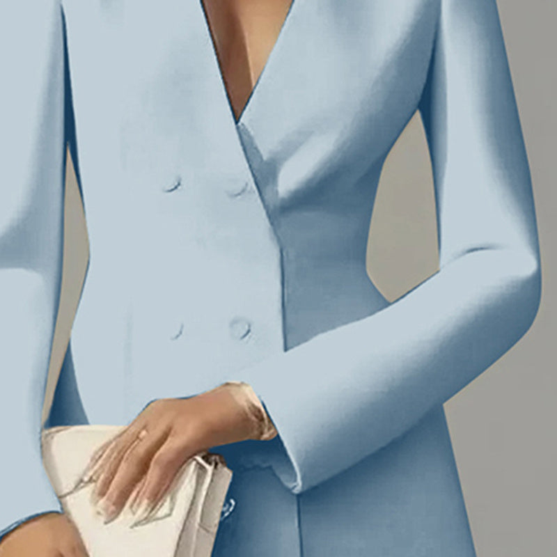 Deep V-Neck Double-Breasted Blazer Dress A-Line Mini - Image 6