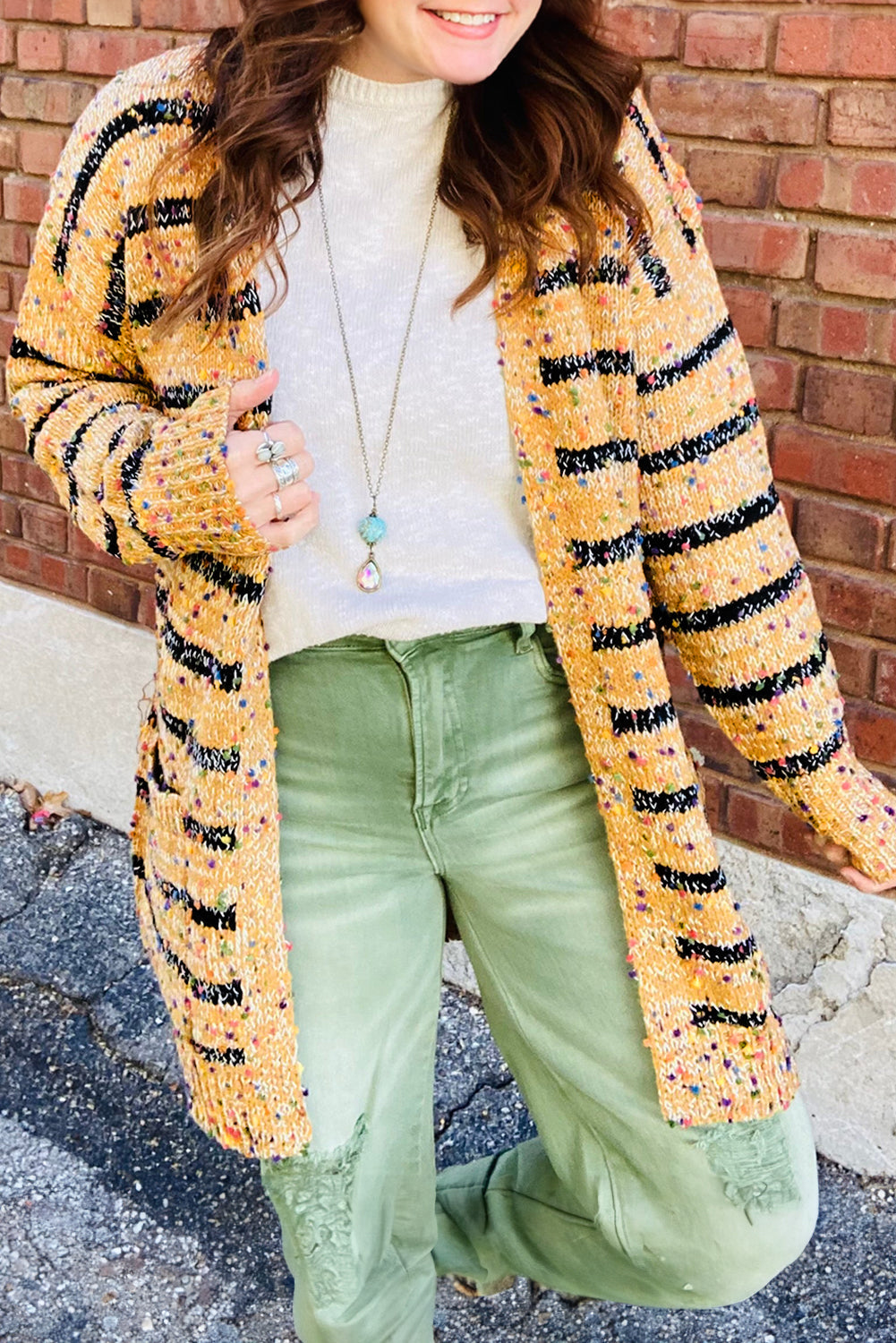 Yellow Striped Pom Pom Knit Open Front Long Cardigan Sweater