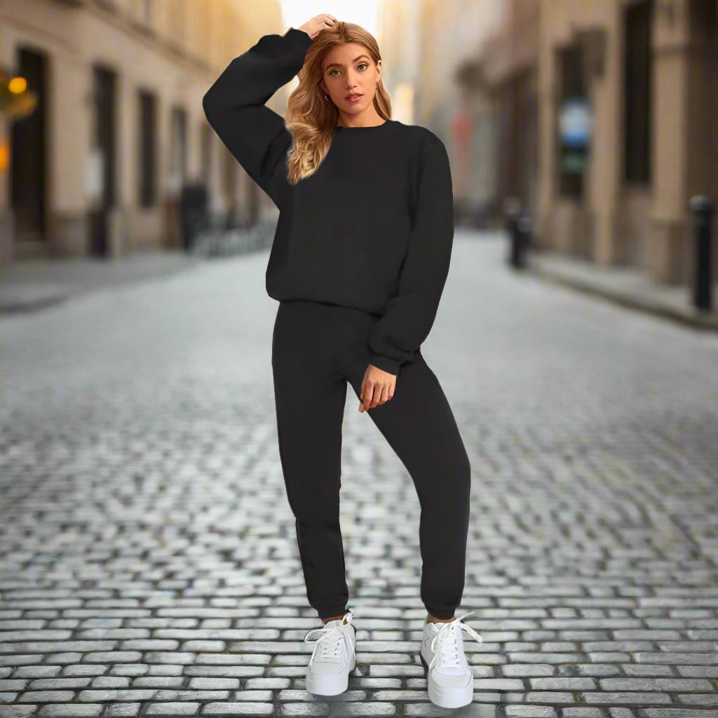 Women's Solid Color Round Neck Pullover Sweatshirt & Jogger Set - Image 5