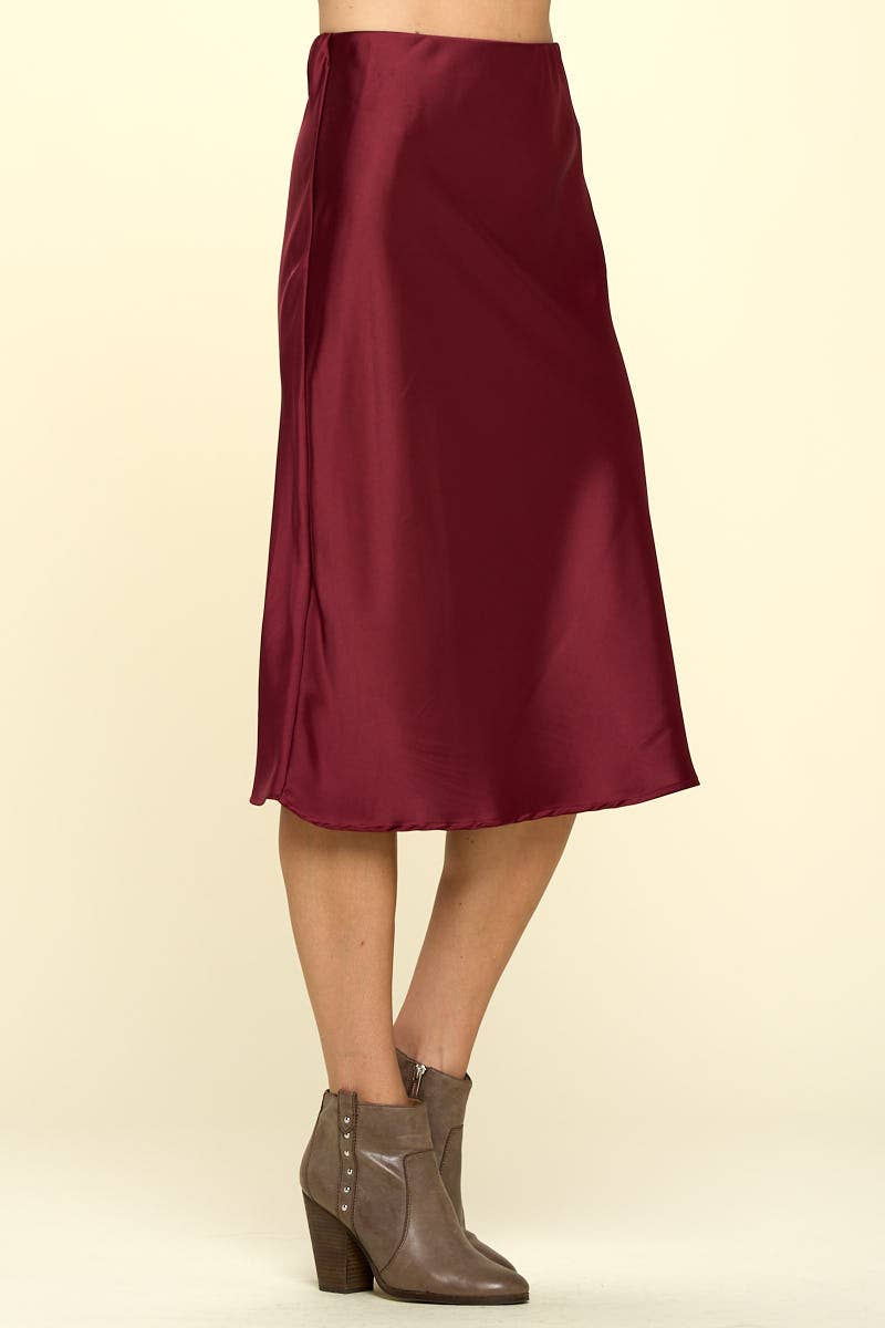 Women's Solid Satin Midi Skirt - Made in USA Burgundy Slip Skirt