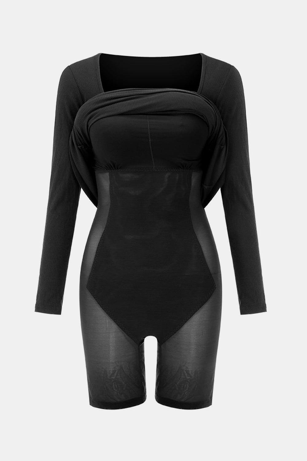 Caramel Square Neck Long Sleeve Maxi Dress with Built-In Shapewear