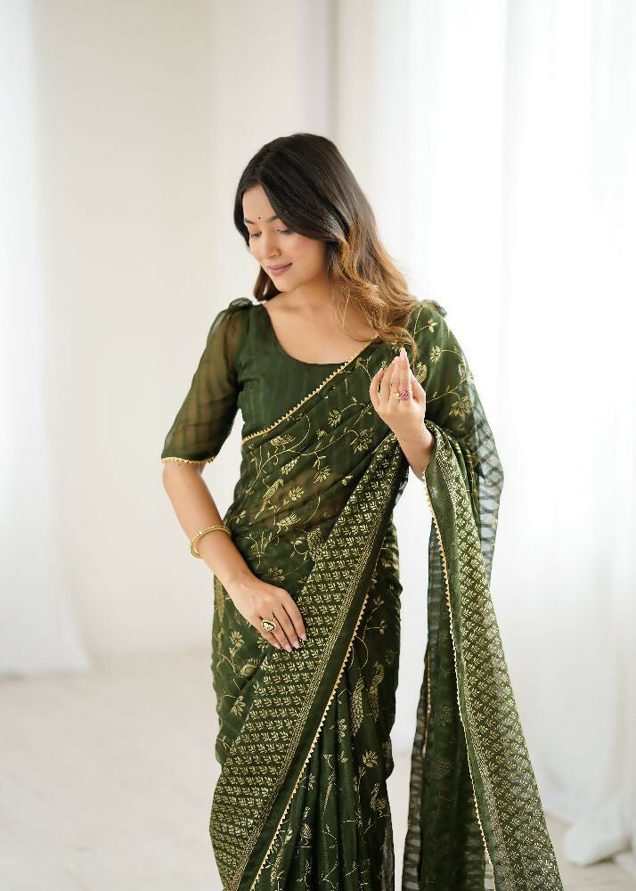 Mehendi Georgette Saree with Foil Work and Zalar Lace Border