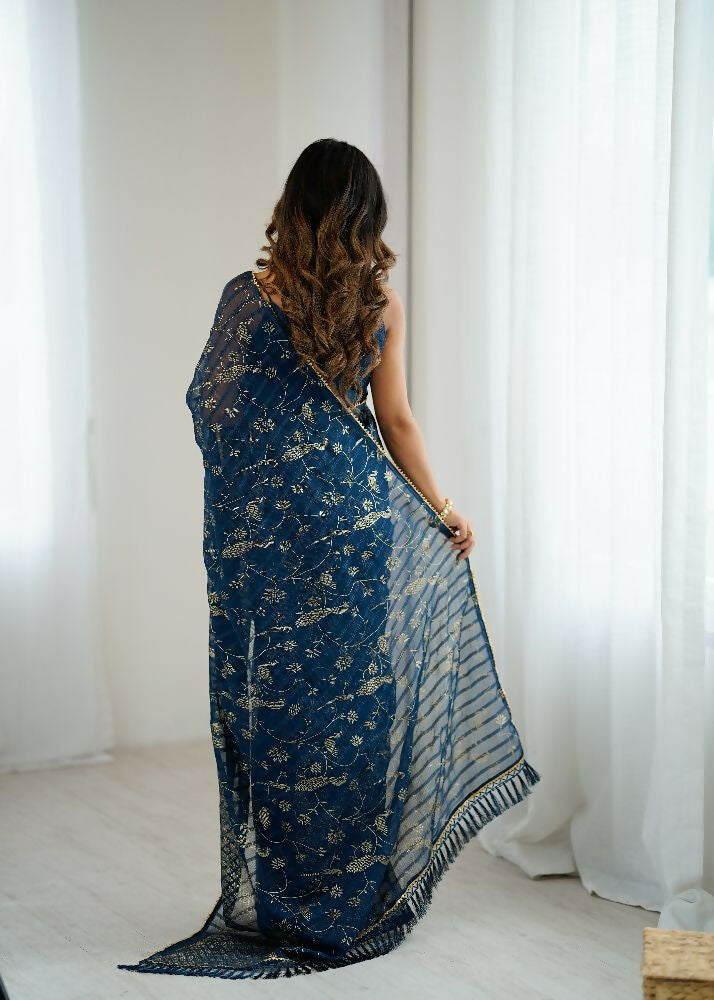 PR Fashion Morpich Georgette Patta Plain With Foil Work And Small Lace And Zalar Lace Saree