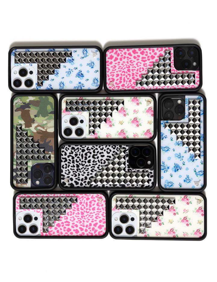 Pink Meow Stud iPhone Case with Leopard Print and Silver Details