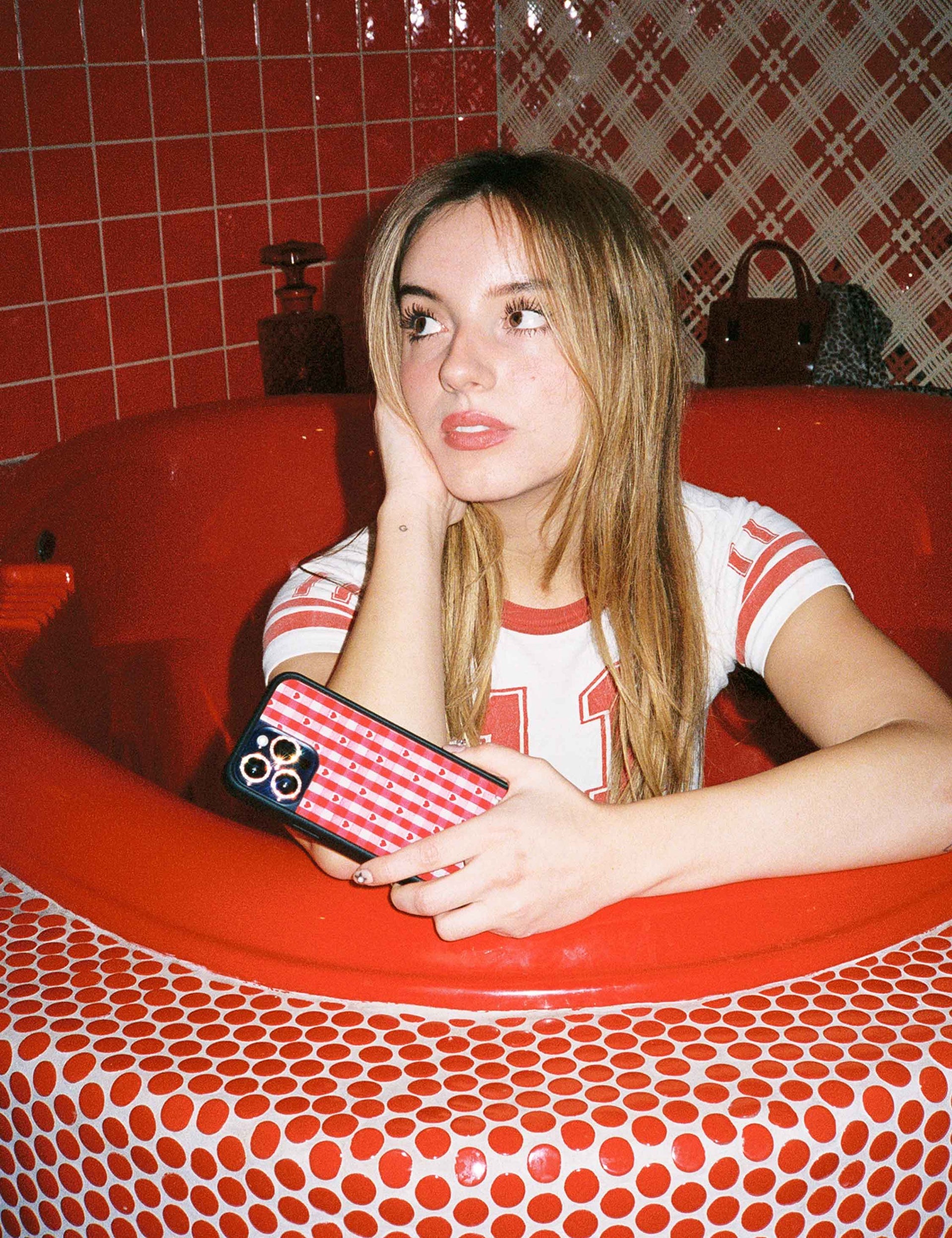Gingham Heart Pattern Phone Case in Red with Black Bumper - Image 28