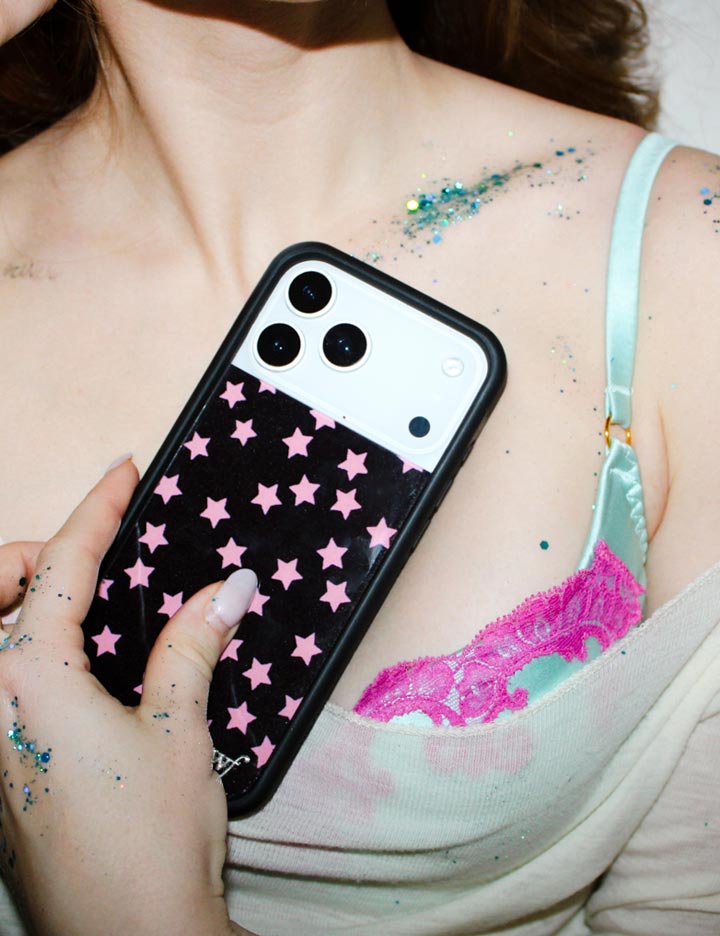 Baby Pink Star Print iPhone Case with Black Protective Bumper - Image 45